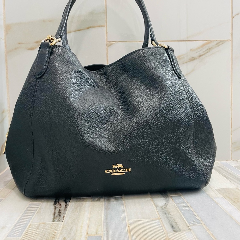 COACH Purse F80268 Hallie Shoulder Bag Tote Black Pebble Leather Gold Hardware - Picture 3 of 16